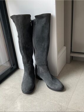 To the-Knee Suede Boots — Dark Gray